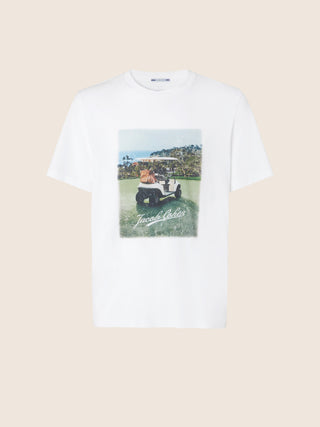 Sport Capsule Crewneck T-Shirt in White Cotton Jersey with Golf Print
