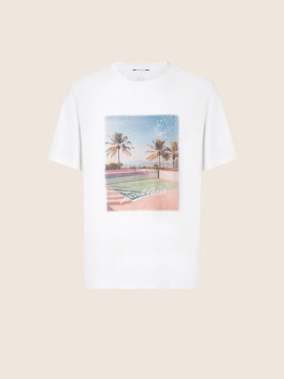 Sport Capsule Crewneck T-Shirt in White Cotton Jersey with Tennis Print
