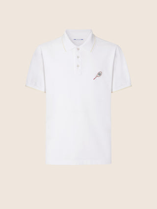 Sport Capsule Polo Shirt in White Comfort Cotton Piqué with Tennis Embroidery