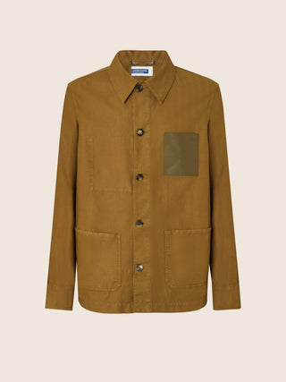 Overshirt in Khaki Green Stretch Cotton and Linen Herringbone