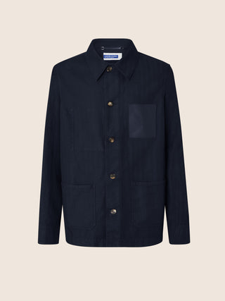 Overshirt in Navy Blue Stretch Cotton and Linen Herringbone
