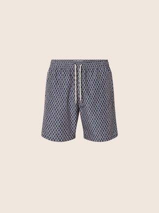 Swim Boxer Shorts in Navy Blue and Beige Technical Fabric with Rope Print