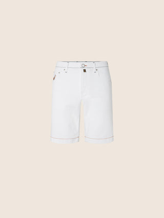 Nicolas Sport Capsule Slim Bermuda Shorts in White Stretch Bull Denim with Golf Print