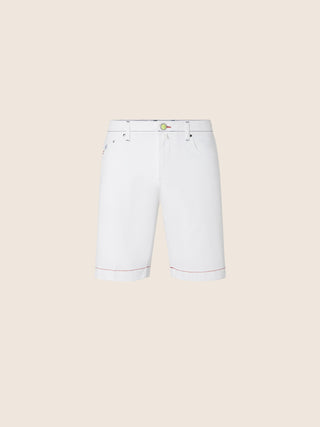 Nicolas Sport Capsule Slim Bermuda Shorts in White Stretch Bull Denim with Tennis Print
