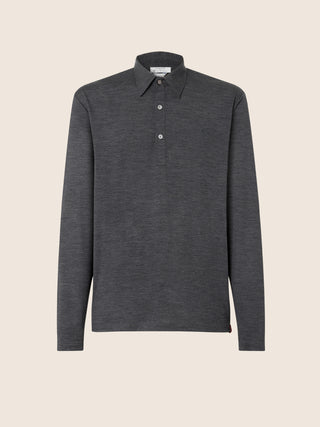 Long-sleeve Polo Shirt in Mélange Dark Grey Merino Wool