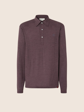 Long-sleeve Polo Shirt in Mélange Burgundy Merino Wool