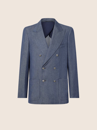 Zweireihiger Blazer aus reinem, blauem Kaschmir-Twill