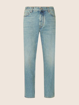 Sean Relaxed-Straight 5 Pocket Jeans in Medium Blue Pure Cotton Denim