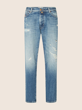 Sean Relaxed-Straight 5 Pocket Jeans in Medium Blue Pure Cotton Denim