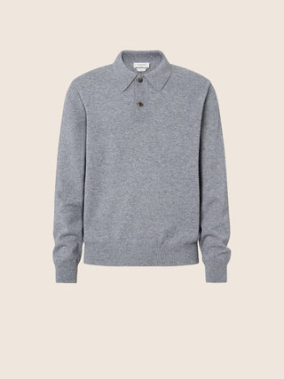 Long Sleeve Polo Shirt in Grey Melange Cashmere