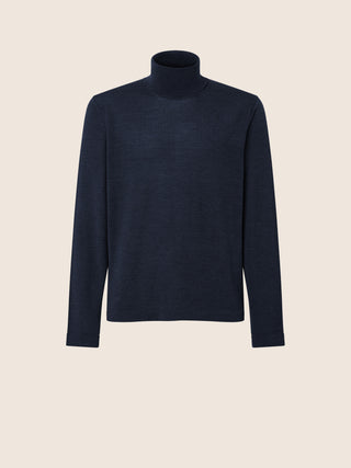 Turtleneck Jumper in Navy Blue Wool and Silk Blend