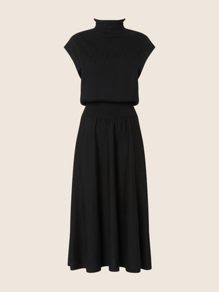 Ärmelloses Kleid aus schwarzer Wolle mit Glatt-Rechts-Doppelstrickverarbeitung