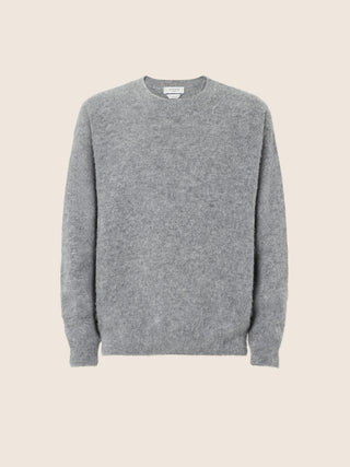 Pullover mit Rundhalsausschnitt aus grau meliertem, gerautem Alpaka-Mischgarn