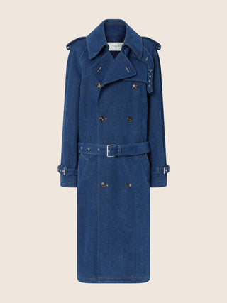Trench Coat in Dark Blue Cotton Denim with Rinse Wash