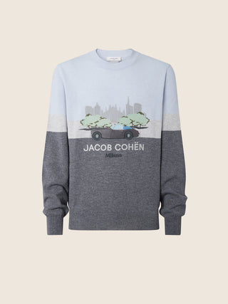 Crewneck Sweater in Grey and Light Blue Wool and Cashmere with Embroidery