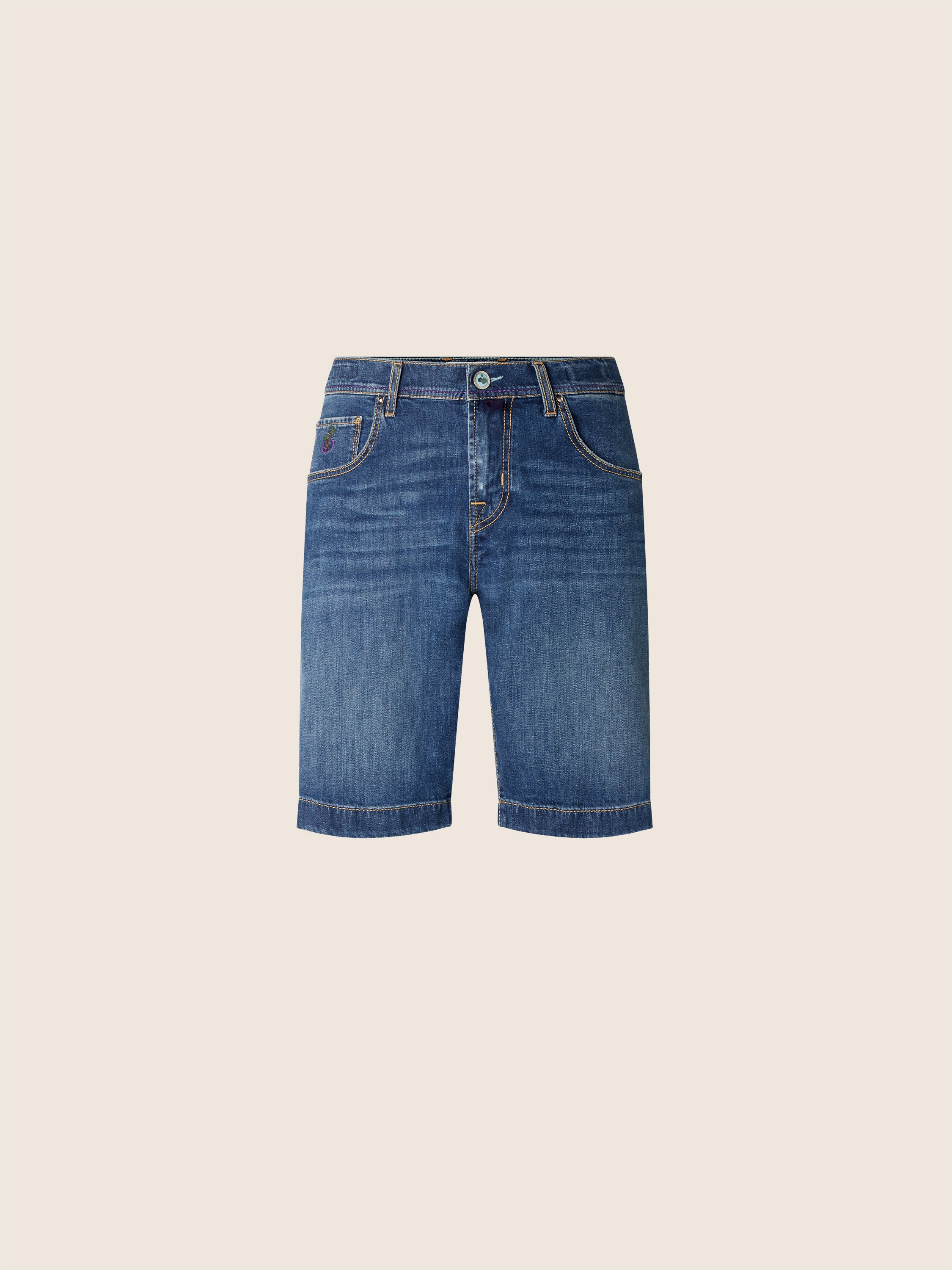 Nicolas Slim Bermuda Jeans in Medium Blue Cotton and Linen Stretch