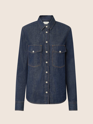 Chemise Western en jean bleu foncé, denim brut (lavage par rinçage)
