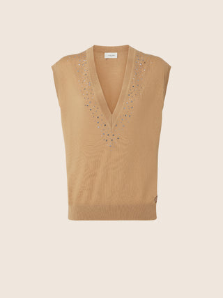 Gilet sans manches en laine vierge beige avec strass
