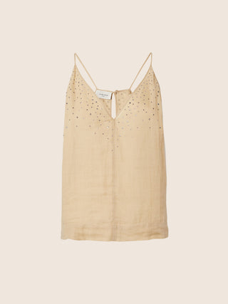 Beige Ramie Mousseline Top with Rhinestones
