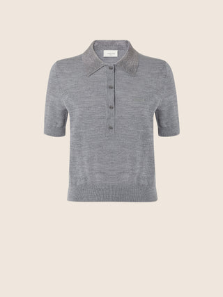 Short-Sleeve Polo Shirt in Grey Mélange Wool with Rhinestones