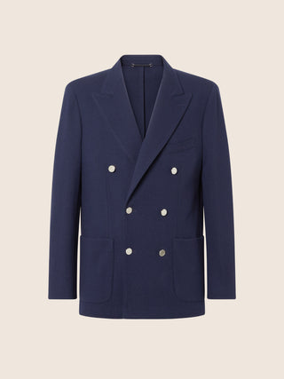 Dark Blue Double-Breasted Wool and Cashmere Jersey Blazer