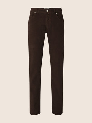 Bard Regular-Slim 5 Pocket Pants in Dark Brown Cotton Stretch Satin