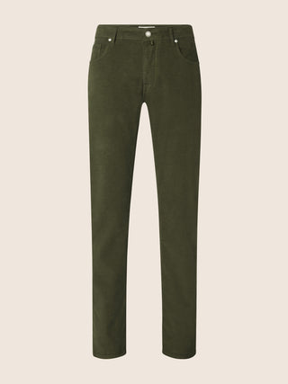 Bard Regular-Slim 5 Pocket Pants in Dark Green Cotton Stretch Satin