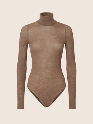 Turtleneck Bodysuit in Cappuccino Brown Ribbed Wool