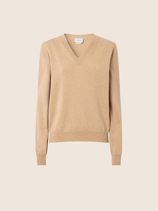 Pull col V en pur cachemire couleur camel