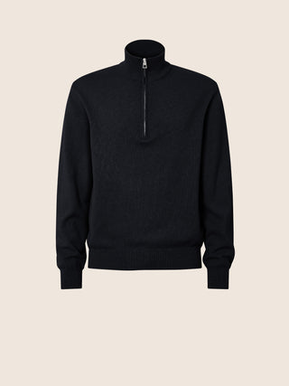 Mock-Neck Sweater with Half Zip in Navy Blue Cashmere