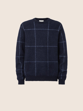Crewneck Sweater in Wool and Mohair with Blue Check Pattern