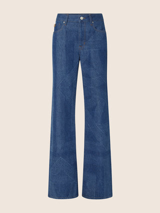 Hailey Relaxed 5 Pocket Jeans in Medium Blue Denim with Lasered Giglio Motif