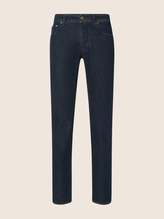 Bard Regular-Slim 5 Pocket Jeans in Dark Blue Power Stretch Fleece Denim with Rinse Wash