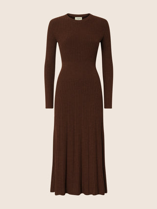 Long-Sleeve Dress in Chocolate Brown Shaved Wool with Rib Knit