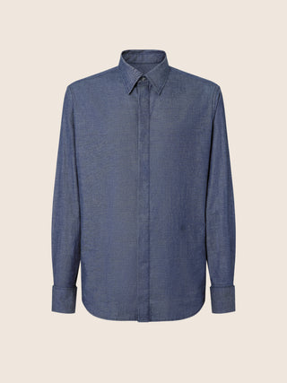 Dark Blue Lightweight Chambray Shirt in Stretch Cotton and Cashmere