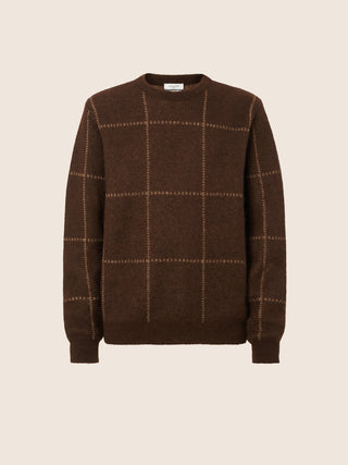 Crewneck Sweater in Wool and Mohair with Brown Check Pattern