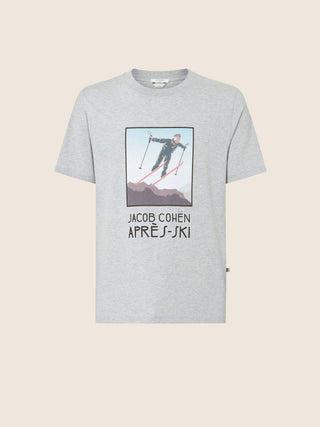 Grey Melange Cotton Jersey Crewneck T-shirt with Print