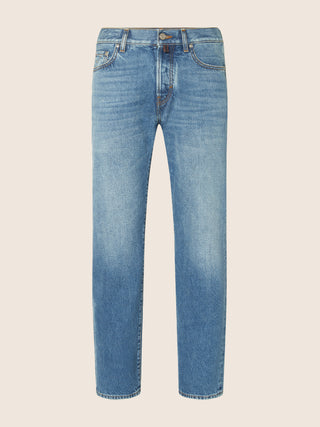Edo Regular-Straight 5 Pocket Jeans in Medium Blue Recycled Cotton Denim
