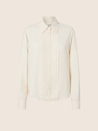 Chemise plissée en toile légère de laine et soie blanche