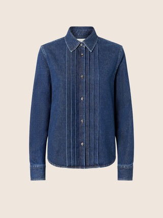 Chemise plissée en denim léger de coton bleu foncé