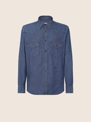 Dark Blue Lightweight Chambray Western Shirt in Stretch Cotton and Cashmere