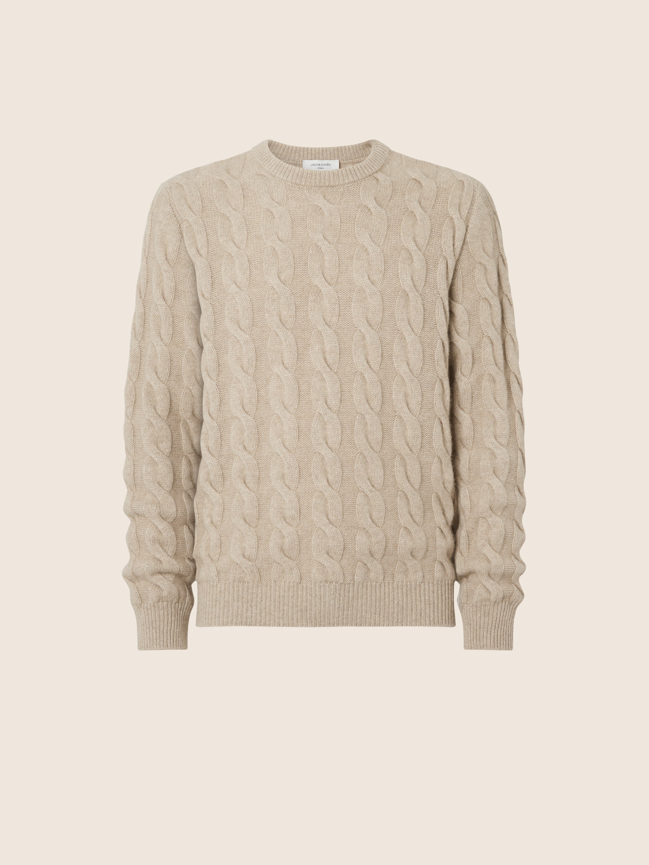 Crewneck Sweater in Beige Cable-Knit Cashmere | Jacob Cohën