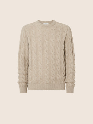 Crewneck Sweater in Beige Cable-Knit Cashmere