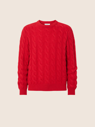 Crewneck Sweater in Red Cable-Knit Cashmere