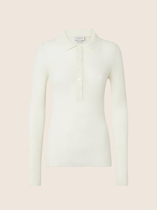 Polo Shirt with Long Sleeves in Cream Ribbed Wool Blend