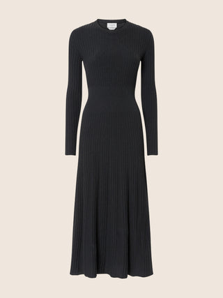Long-Sleeve Dress in Dark Grey Shaved Wool with Rib Knit