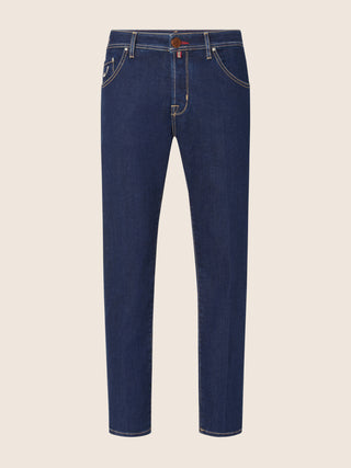 Scott Slim Cropped 5 Pocket Jeans in Dark Blue Super Stretch Denim with Stone Rinse Wash