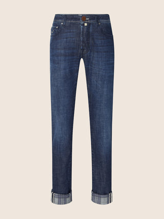 Bard Regular-Slim 5 Pocket Jeans in Medium Blue with Internal Print
