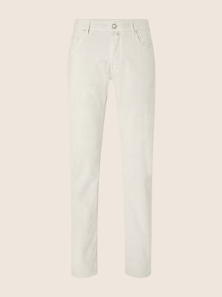 Bard Regular-Slim 5 Pocket Pants in White Cotton Stretch Satin