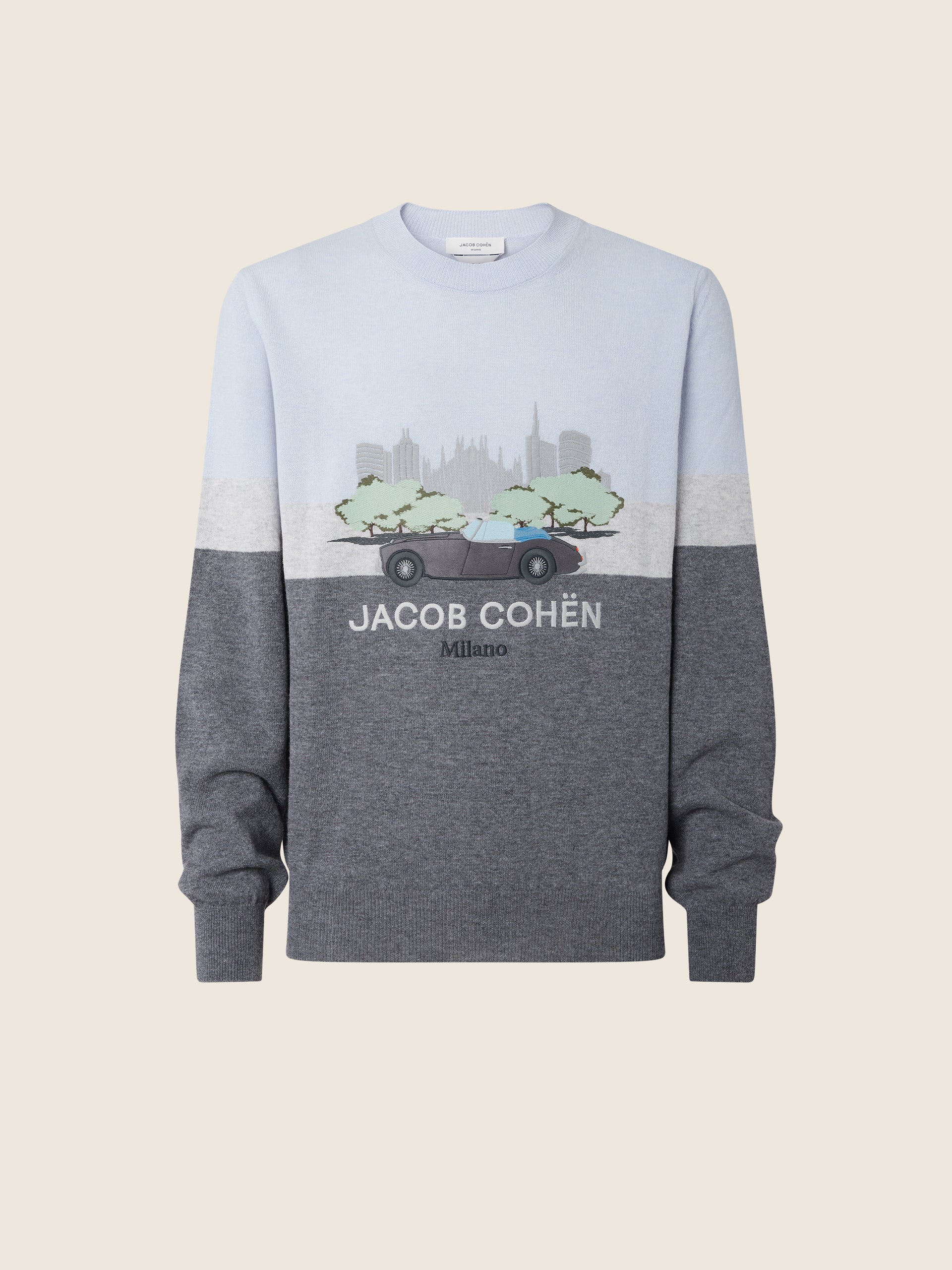 Maglia girocollo in lana e cashmere grigio e azzurro con ricamo